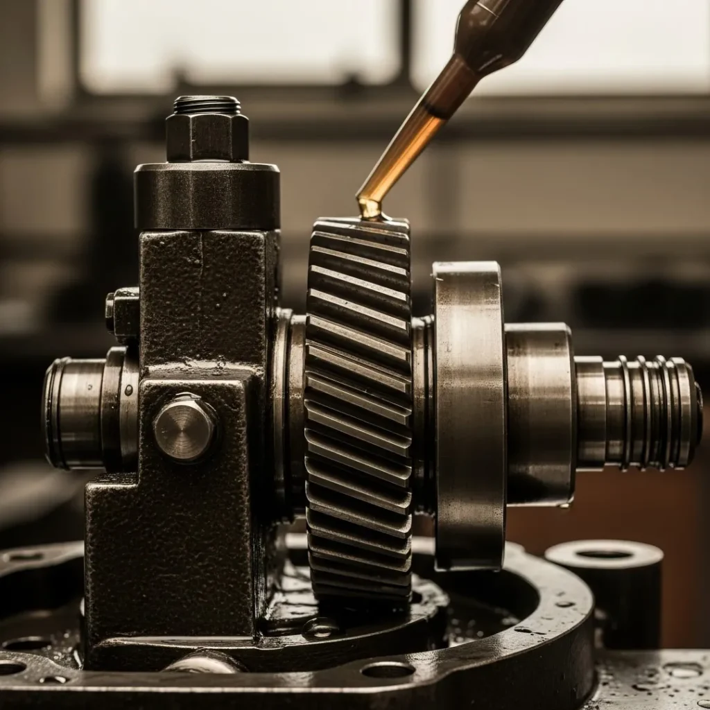 Close-up of lubricant being applied with a pipette onto a metal gear in an industrial environment.